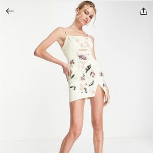 ASOS Design structured mini dress with floral embellishment in lemon